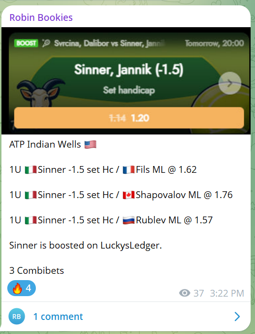 👀Sneak Peak 👀

Jannik Sinner got boosted on <a href="/LuckysBet/">luckysledger</a>, -1.5 Set hc @ 1.2 

We combined him with players, who have recently shown strong performances: Fils, Shapovalov and Rublev. 🎾

We're around +90units profit in 2026. We hunting value bets, join us. 🤑
