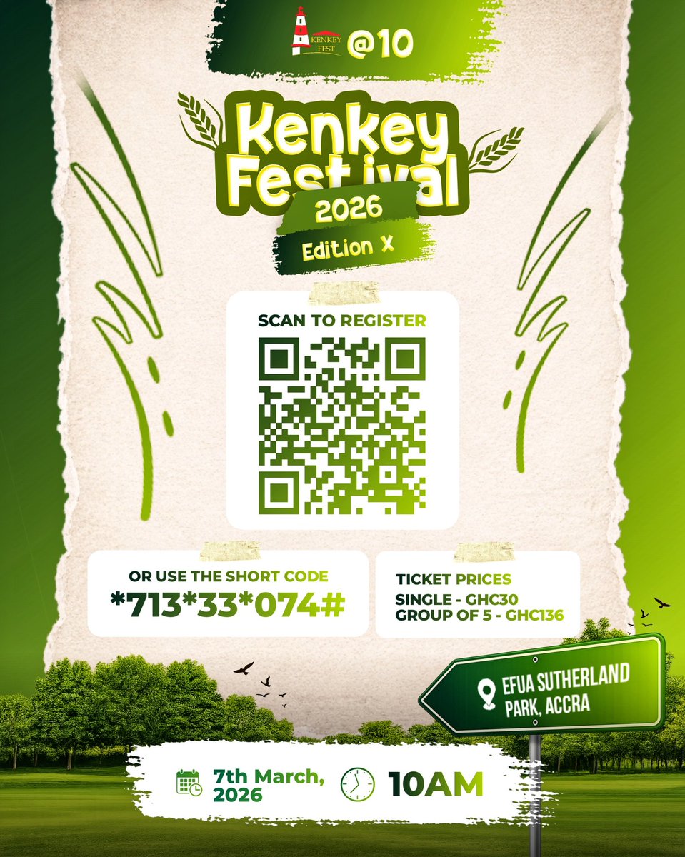 Efua Sutherland Park, Accra, on March 7. 10 a.m. A single ticket costs GHS 30, or a party of five can save GHS 136. Don’t miss out 
#KenkeyFest26