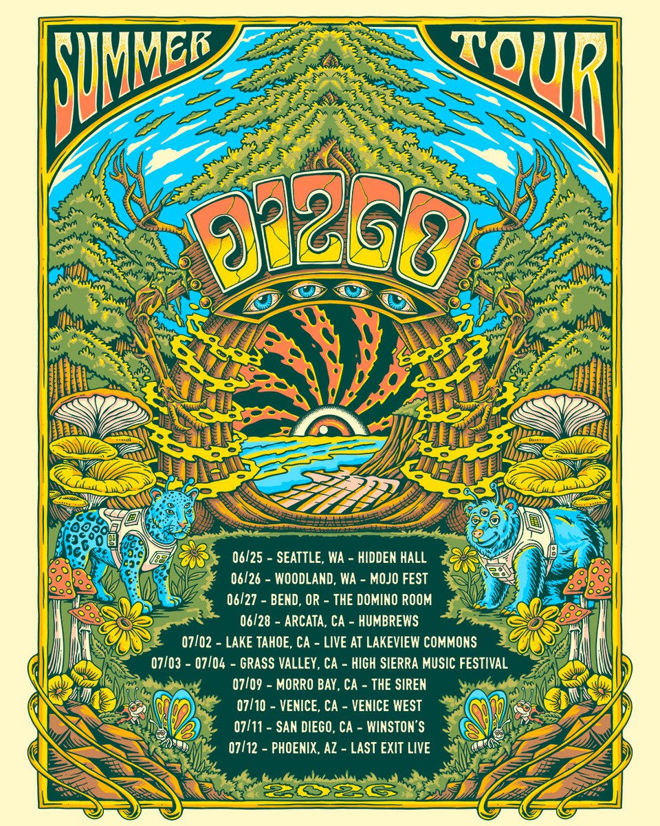 DizgoBand's tweet photo. WEST COAST TOUR 🏄‍♂️ we’re ecstatic to be playing in these beautiful places this summer, with debut performances in Phoenix, San Diego, Venice, Morro Bay, &amp; Arcata!

Tickets are LIVE &amp; stoke is high - secure tickets in advance and spread the word! Let’s rage 🐅

🎨 @sajaklamo https://t.co/srpkuQdvzT