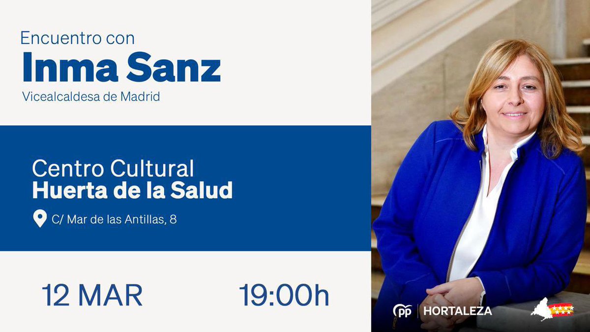 Este jueves 12 de de marzo a las 19:00h tendrá lugar el encuentro con <a href="/InmaSanzO/">Inma Sanz Otero</a>, vicealcaldesa de <a href="/MADRID/">Ayuntamiento Madrid</a> en el Centro Cultural Huerta de la Salud.

📍Calle Mar de las Antillas, 8

¡Os esperamos!