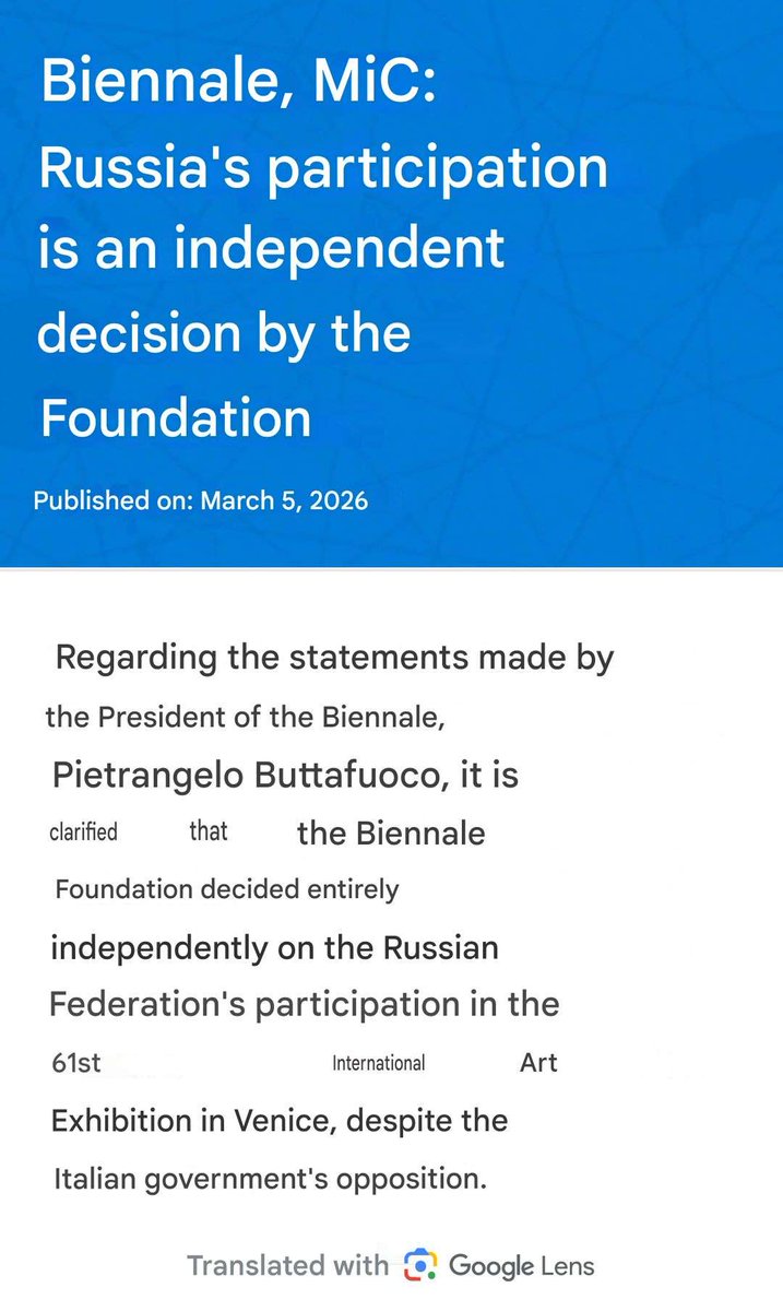 The Italian Minister of Culture <a href="/AlessGiuli/">Alessandro Giuli</a> claims that Russia's participation at <a href="/la_Biennale/">La Biennale di Venezia</a> is an independent decision by the Foundation, "despite the Government's opposition".

We need more pressure for the final blow

<a href="/Kasparov63/">Garry Kasparov</a> <a href="/KramarenkoMari3/">Mariia Kramarenko</a> <a href="/jurgen_nauditt/">Jürgen Nauditt 🇩🇪🇺🇦</a> <a href="/pussyrrriot/">𝖕𝖚𝖘𝖘𝖞 𝖗𝖎𝖔𝖙💦</a>