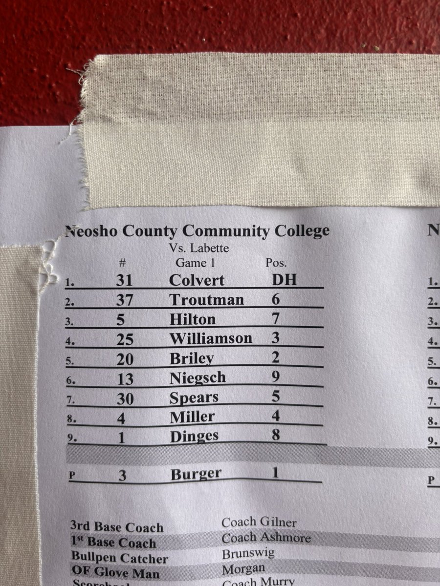 Starting lineup for game 1 against 
Labette, first pitch 1pm