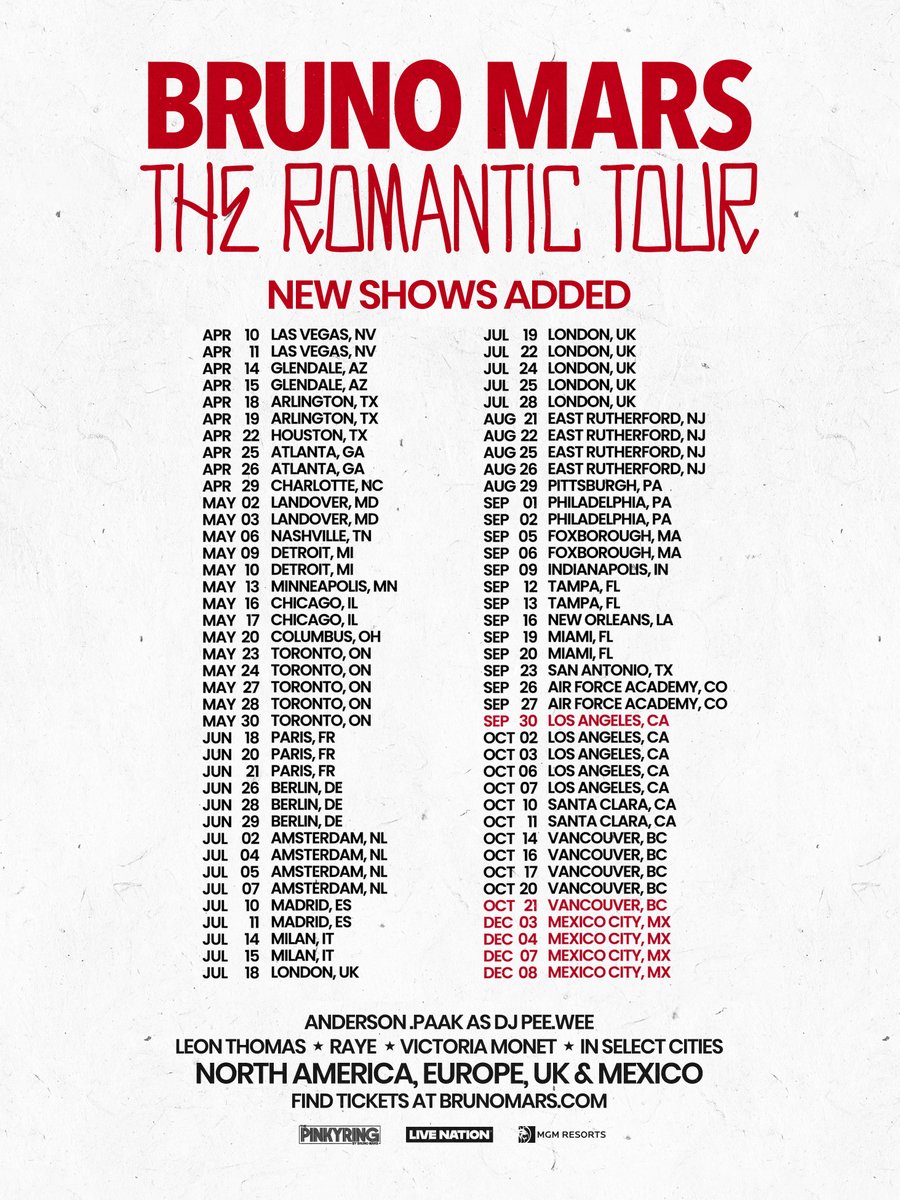 LiveNation's tweet image. Bruno Mars has just announced new dates on The Romantic Tour in 2026 ♥️🌹🎶
 
🌹Mexico City
🌹Los Angeles
🌹Vancouver
 
Sign up for presale access now through March 9th at livemu.sc/brunomars