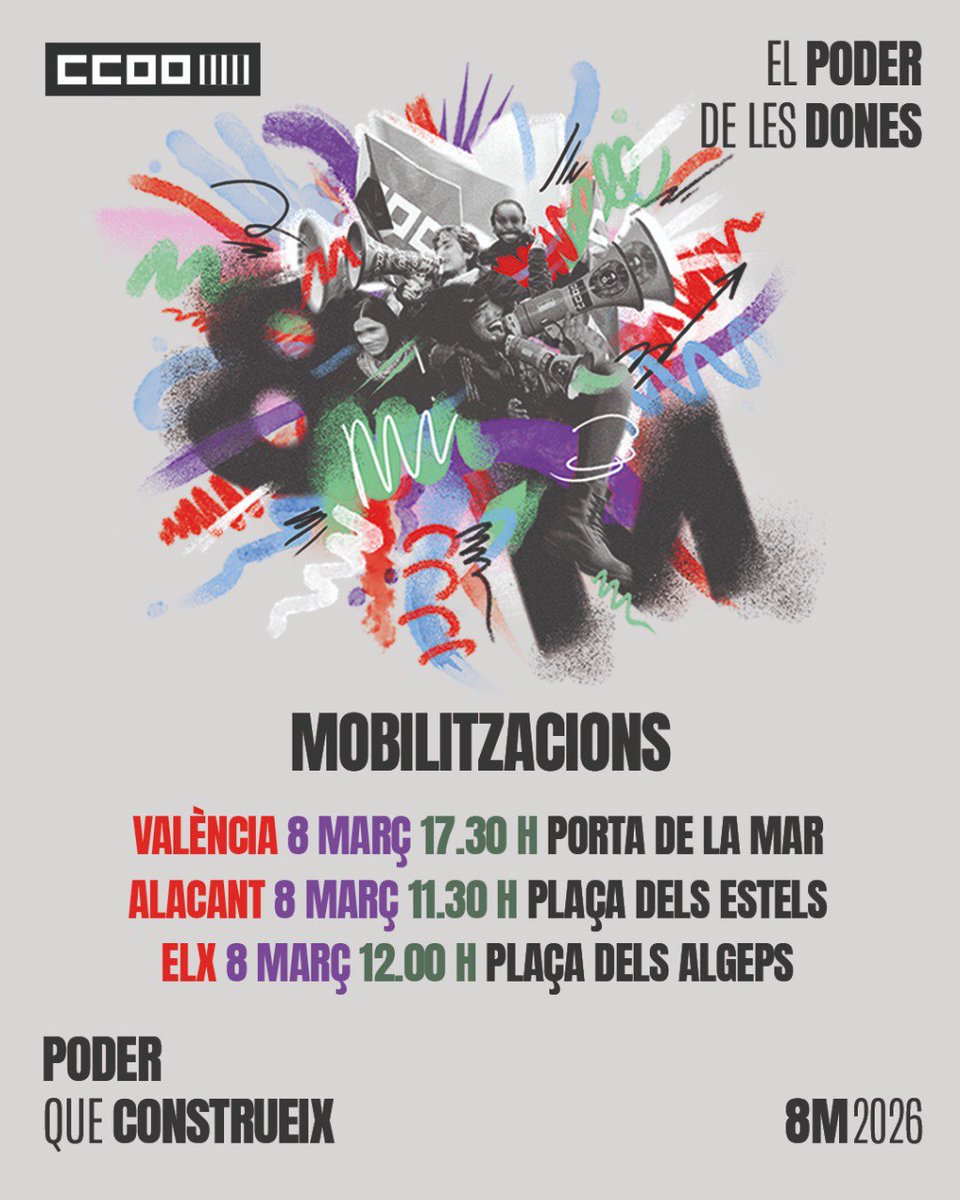 ccoopv's tweet photo. 🟣 El #8M2026 reivindiquem igualtat real i celebrem el poder de les dones #poderqueconstrueix
📣Participa en les convocatòries feministes:
📍Alacant,🕦11.30h, pl. dels Estels
📍Elx,🕛12h, pl. dels Algeps
📍 València🕠17.30h, Porta de la Mar https://t.co/ED57cb6e95