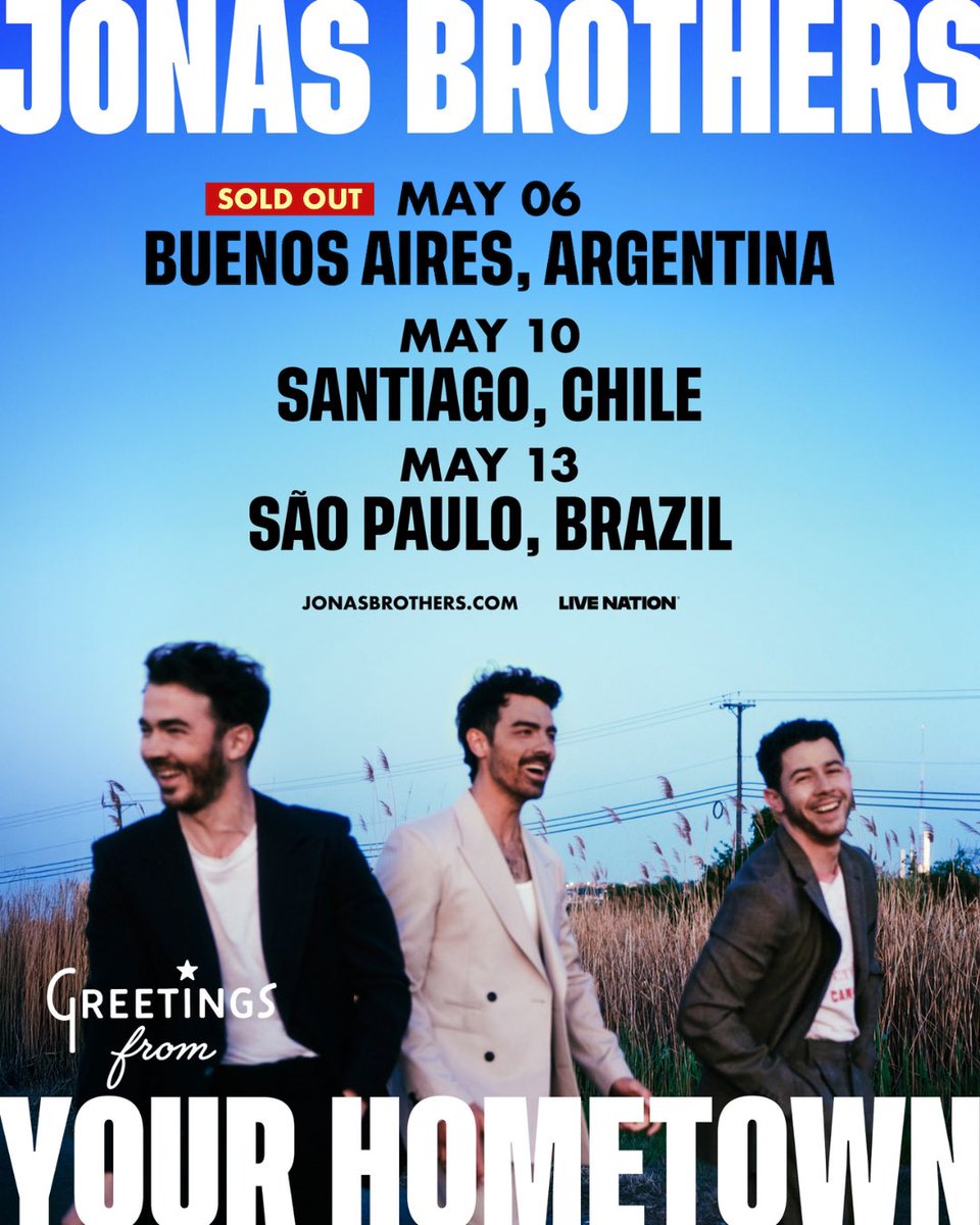 Is it May yet? 
We can’t wait for these Greetings From Your Hometown shows in South America. 

Brazil on sale now 
ticketmaster.com.br/event/jonas-br…

Chile on sale now 
puntoticket.com/jonas-brothers…

💙