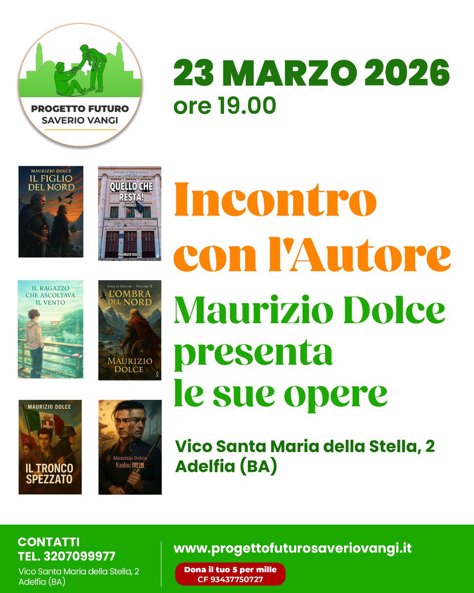 ProgettoFut's tweet photo. Incontro con l'Autore Maurizio Dolce, presenta le sue opere... 
https://t.co/TmFuQ93BPr
Via Santa Maria della Stella, 91 70010 – Adelfia BA
Dona il tuo 5 per mille CF 93437750727
Infotel: https://t.co/286IU3w6AJ
IBAN: IT36 J030 6941 3121 0000 0003 416. 
https://t.co/zVrIAE2eVI https://t.co/u82KDLkodS