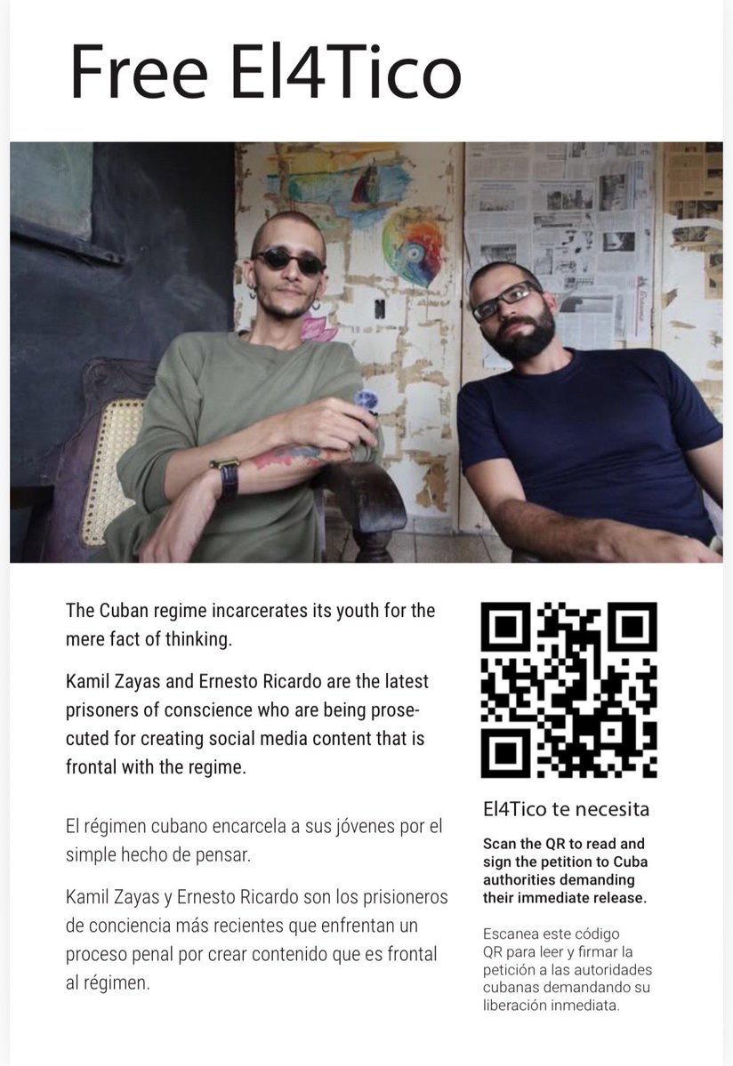 #CubaFabricadePresosPoliticos

Kamil Zayas y Ernesto Medina, creadores del proyecto @El4tico están presos en Cuba por expresarse en las redes sociales. 
Son parte de la lista de 19 #artitaspresos monitoreada por nuestro Observatorio de Derechos Culturales <a href="/ODC_Cuba/">ODC-Cuba</a> en los últimos