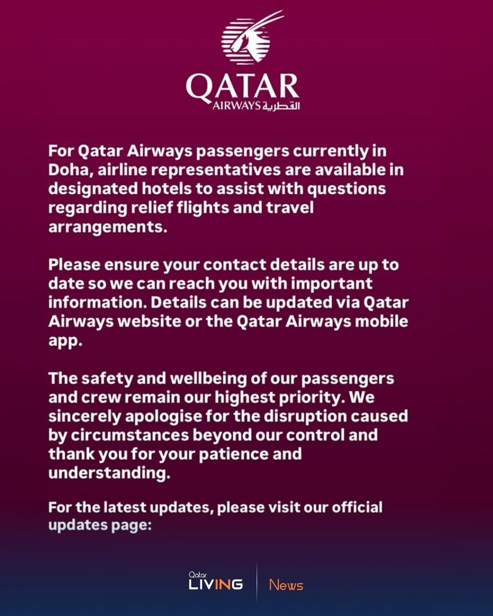 qatarliving's tweet photo. Qatar Airways has announced booking assistance for passengers with confirmed travel between February 28 and March 15, 2026, allowing complimentary date changes or a refund for the unused value of the ticket. 

Passengers currently stranded in Doha can also receive support from airline representatives at designated hotels.

@qatarairways

#TravelAlert #AirlineUpdate #Bookings #BreakingNews #qatarairways 

أعلنت الخطوط الجوية القطرية عن تقديم خدمة المساعدة في الحجز للمسافرين الذين لديهم رحلات مؤكدة بين 28 فبراير و15 مارس 2026؛ إذ تتيح لهم تغيير مواعيد رحلاتهم مجاناً أو استرداد قيمة التذكرة غير المستخدمة. كما يمكن للمسافرين العالقين حالياً في الدوحة الحصول على الدعم من ممثلي الخطوط الجوية في الفنادق المخصصة.