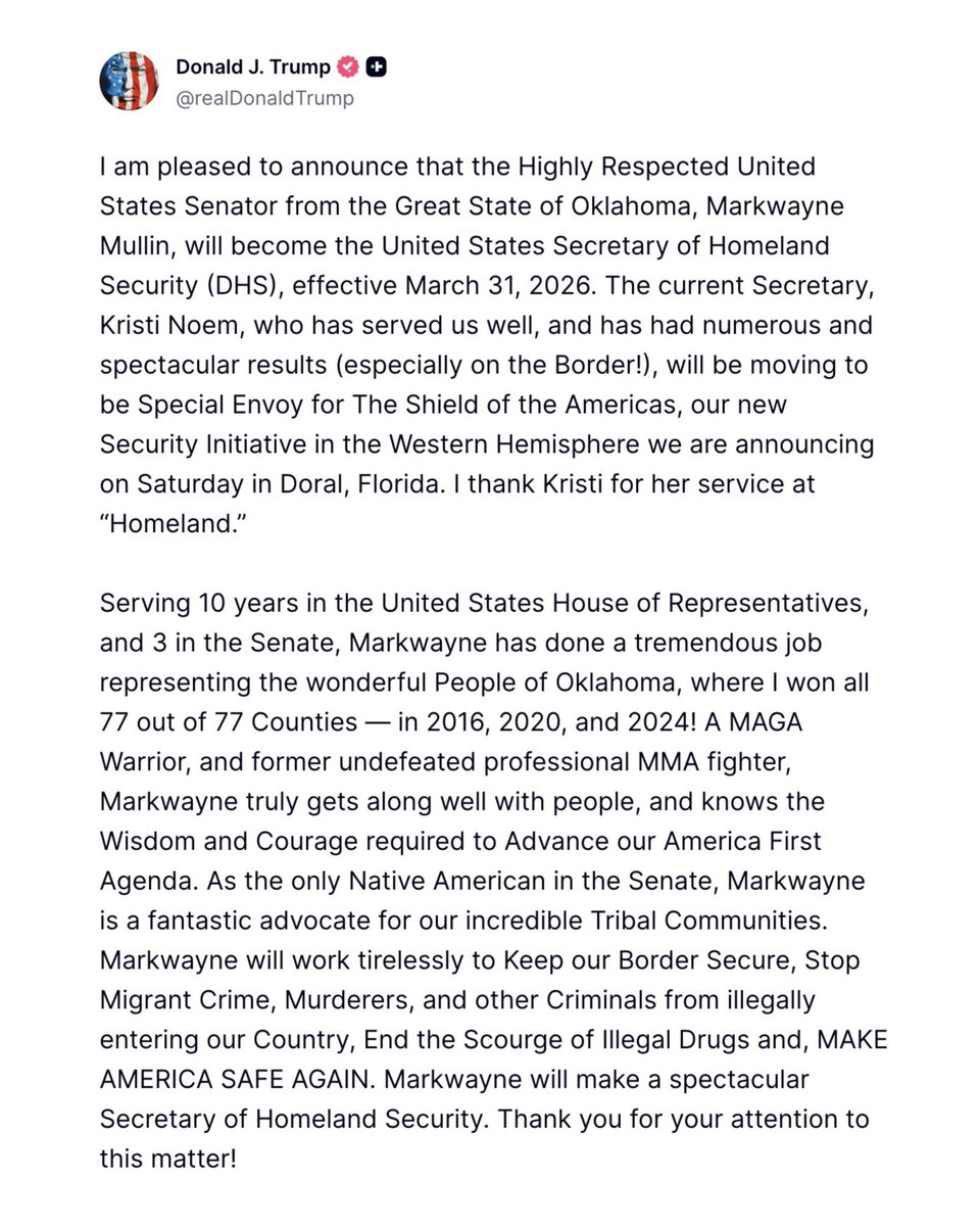 alx's tweet image. BREAKING: President Trump nominates U.S. Senator Markwayne Mullin to replace Kristi Noem as DHS Secretary.