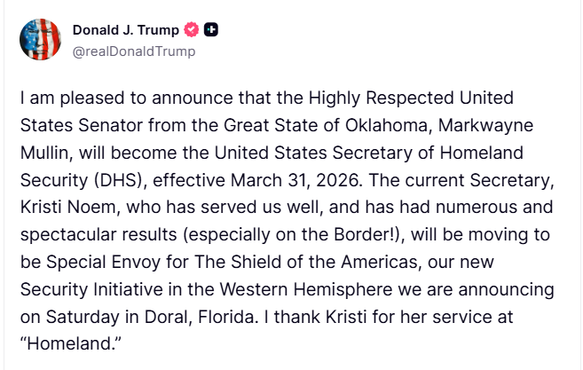 PecanC8's tweet image. President Trump has announced that Kristi Noem is being replaced by Markwayne Mullin (R-OK) as DHS Secretary. 

Seems this was bound to happen when Tom Homan was sent to Minnesota and Noem was less 'visible'.