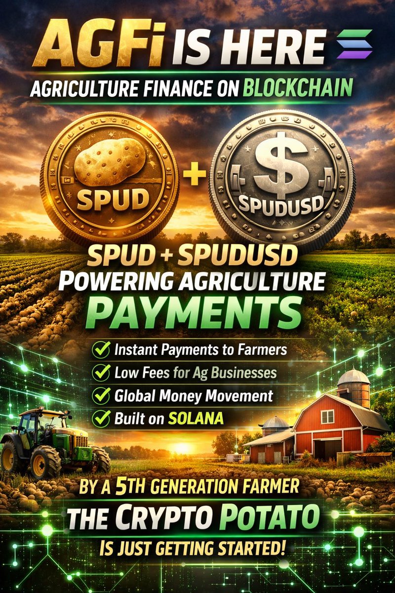 CodyHolmSP's tweet photo. 🚨🌾 AgFi is here. Agriculture Finance on Blockchain. 🌾🚨

For the past 2 years, we’ve been quietly building something most people in crypto haven’t even thought about yet.

Not another meme coin.
Not another hype token.

We’ve been building the financial infrastructure for agriculture.

Introducing AgFi — Agriculture Finance.

Just like crypto created DeFi (Decentralized Finance), we believe agriculture deserves its own financial system built for the farmers, suppliers, equipment dealers, and businesses that feed the world.

And that’s exactly what SPUD and SPUDUSD are being built to do.

🥔 SPUD – The Investment Layer
SPUD is the ecosystem token. It represents early participation in the AgFi network we’re building. As adoption grows and agriculture payments move on-chain, SPUD holders are positioned at the center of that growth.

💵 SPUDUSD – The Payment Rail
SPUDUSD is the stablecoin powering instant payments in agriculture. Built on high-speed blockchain infrastructure like Solana, SPUDUSD is designed to allow agricultural businesses to send and receive payments instantly with extremely low fees.

Think about this for a second…

Agriculture is a multi-trillion dollar global industry, yet most transactions still run through outdated banking systems that take days to settle.

AgFi changes that.

Imagine a world where:

• Farmers get paid instantly for their crops
• Equipment dealers settle invoices in seconds
• Suppliers move money globally with near-zero fees
• Agriculture businesses operate on modern financial rails

That’s the future we’re building.

And what makes this project even more unique is this:

This isn’t being built by a Silicon Valley tech startup.

It’s being built by a 5th generation potato farmer from Southeast Idaho who understands firsthand the inefficiencies in agriculture finance and payments.

We believe blockchain technology can finally bring modernization to one of the most important industries in the world.

SPUD is the investment layer.
SPUDUSD is the payment system.
AgFi is the ecosystem.

And the SPUD community is building it together.

The crypto world hasn’t seen agriculture yet.

But it’s coming.

🥔🌾 The Crypto Potato is just getting started. 🌾🥔

⸻

#SPUD
#SPUDUSD
#AgFi
#CryptoPotato
#Solana
#BuiltOnSolana
#Web3
#CryptoCommunity
#Blockchain
#FutureOfFinance
#DeFi
#AgTech
#Agriculture
#Farmers
#FarmTech
#RealWorldCrypto
#RWA
#CryptoAdoption
#NextBigThing