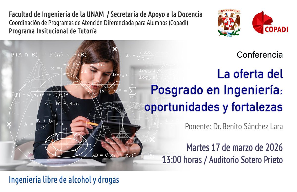 La Secretaría de Apoyo a la Docencia, a través de la #Copadi, invita a la conferencia La oferta del Posgrado en Ingeniería: oportunidades y fortalezas, a cargo del Dr. Benito Sánchez Lara.
📅 17 de marzo
⏰ 13:00 horas
📍 Auditorio Sotero Prieto, #FIUNAM