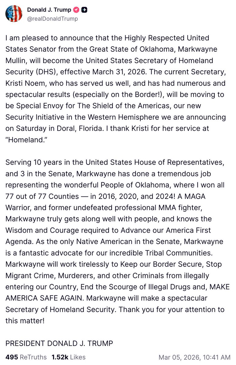 iamgabesanchez's tweet image. Trump just fired DHS Secretary Kristi Noem and swapped her out for Senator Markwayne Mullin.

You know, the same guy who was hiding from MAGA rioters during the January 6th insurrection.