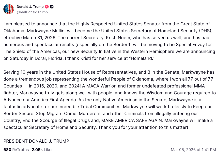 JessicaCostescu's tweet image. JUST IN: President Trump announces on Truth Social that Sen. Markwayne Mullin will be replacing DHS Secretary Kristi Noem