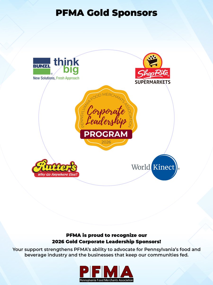 PAFoodMerchants's tweet photo. 🌟 Thank You to Our 2026 PFMA Gold Sponsors
#PFMA is proud to recognize our 2026 Corporate Leadership Gold Sponsors. Your support strengthens PFMA’s work advocating for Pennsylvania’s Food and Beverage Industry and the businesses that keep our communities fed. @BunzlDist @World_Kinect @Rutters