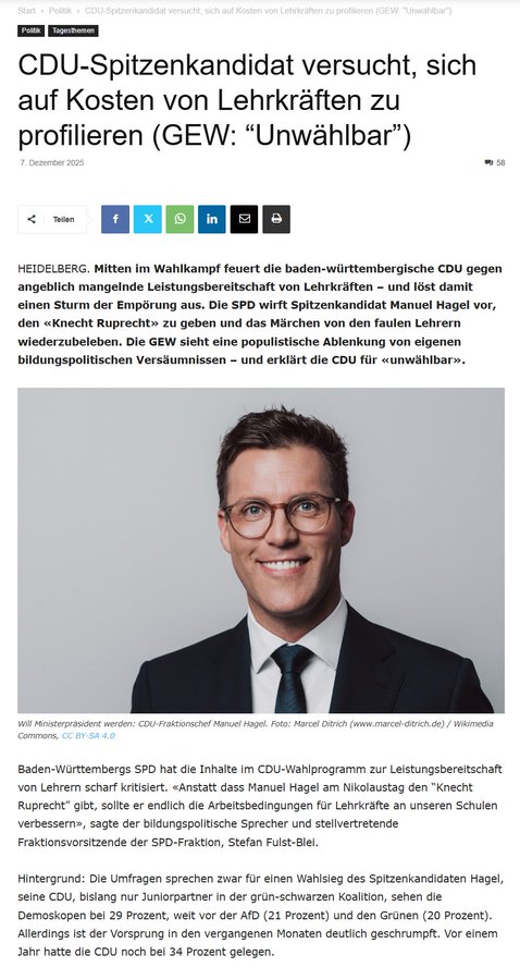 edwin_schupp's tweet photo. Manuel Hagel will Ministerpräsident werden, indem er Lehrer als faule Knechte diffamiert.
Typisch CDU: Null eigene Bildungsideen, aber schnell den Lehrkräften ans Bein pissen, wenn’s ums Profilieren geht. GEW hat recht: Unwählbar. Absoluter Tiefpunkt. #HagelRaus #CDUFail“ https://t.co/cFwkUnTDZH
