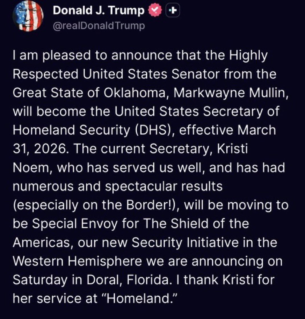 PawlowskiMario's tweet image. Breaking 🇺🇸:

Trump just fired DHS secretary Kristy Noem