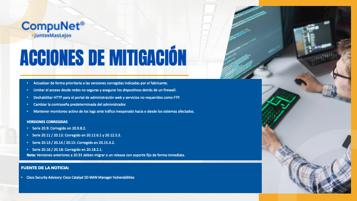 CompunetChile's tweet photo. 🚨 #AlertaDeCiberseguridad
Se detectó explotación activa de vulnerabilidades en Cisco Catalyst SD-WAN Manager (vManage) que podrían permitir sobrescritura de archivos, escalamiento de privilegios y acceso a información sensible.

#CyberSecurity #SDWAN #SOC #ThreatIntel #CompuNet https://t.co/NytgdzG9AA