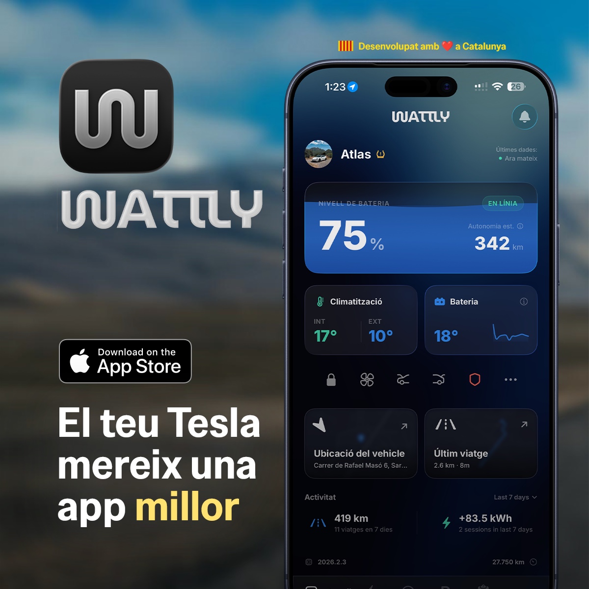 AppWattly's tweet photo. El teu Tesla genera moltíssimes dades. Wattly les converteix en informació útil. 🚘
Controla la bateria, la càrrega, els viatges, l’eficiència i molt més des d’una sola app desenvolupada a Catalunya.
Ja disponible a l’App Store.