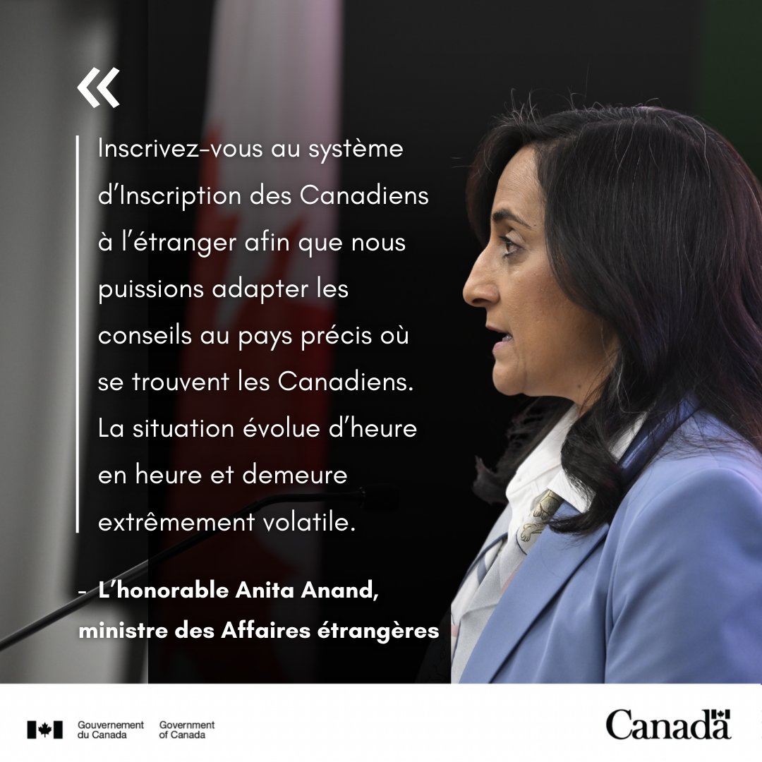 Nous exhortons tous les Canadiens dans la région à s’inscrire pour recevoir des mises à jour importantes. Les proches des Canadiens au #MoyenOrient peuvent s'inscrire en leur nom s'ils ne peuvent le faire eux-mêmes. Veuillez inclure un numéro de téléphone. Voyage.gc.ca/inscription
