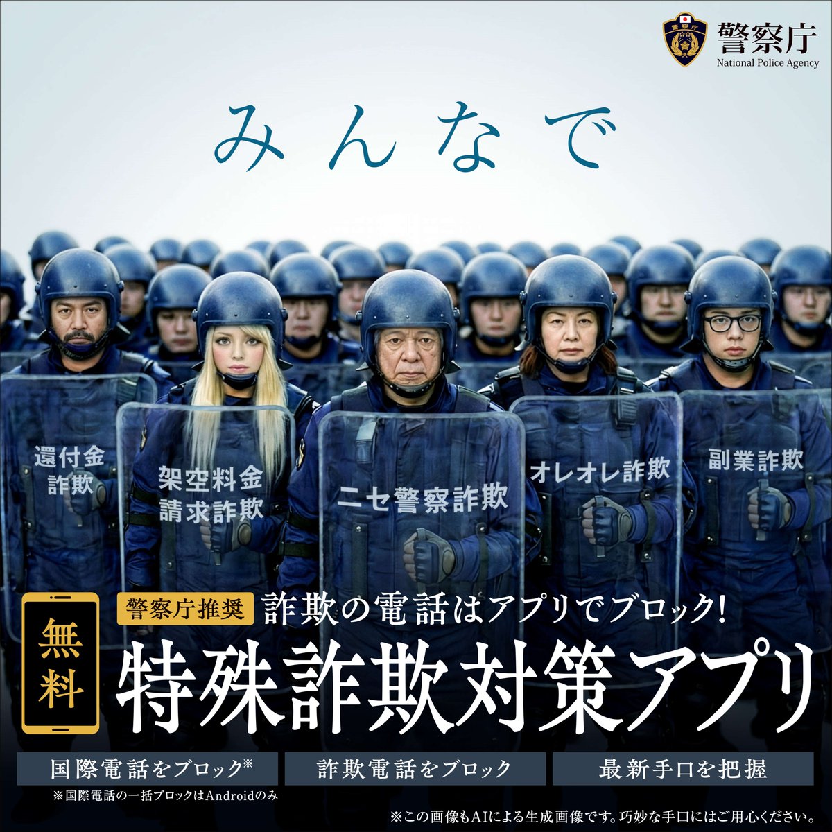 IP_anzen_anshin's tweet photo. ＼警察庁推奨アプリを発表しました／
『警察庁推奨アプリ』は、詐欺電話を自動でブロックする機能など、特殊詐欺被害防止に有効なアプリです。
利用は無料(^o^)
ぜひダウンロードをお願いします↓
https://t.co/qJmdnFCtyy https://t.co/NUW0FPFb2V