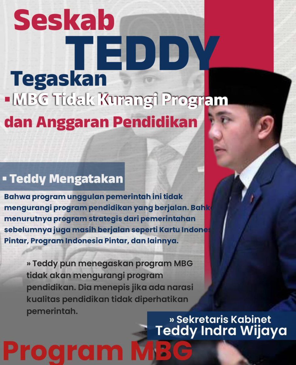 GembalaBantheng's tweet image. Sekretaris Kabinet Teddy Indra Wijaya bersama BGN telah menegaskan bahwa Program MBG tidak mengurangi atau mengambil anggaran dari sektor lain. Program ini dirancang sebagai investasi masa depan generasi Indonesia.
#FaktaProgramMBG