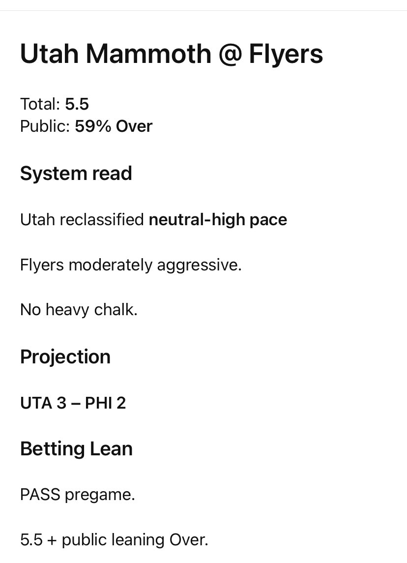 vrontiVII's tweet photo. 🔮🏒 #NHL
Sabres 4, Penguins 3
Utah Mammoth 3, Flyers 2

6.5 = trap zone.
BUT exception:
PIT home = chaos driver
Sabres are suppressive though.

Utah reclassified neutral-high pace
Flyers moderately aggressive.
No heavy chalk. https://t.co/YHYjwAK2Nz