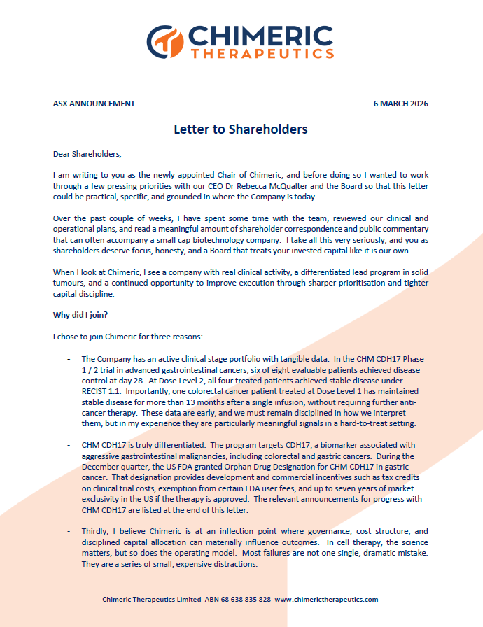 Chimeric Therapeutics ASX: CHM tweet media