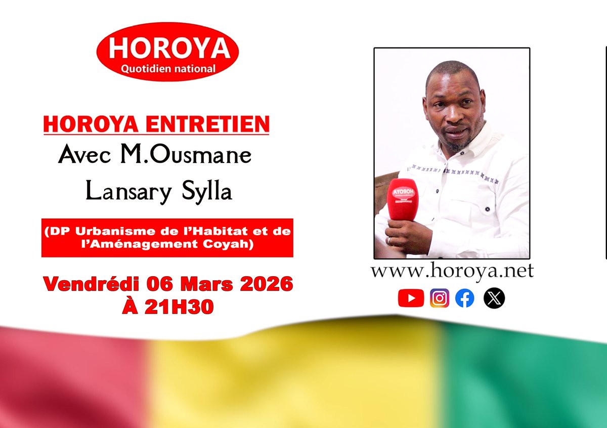 QNHOROYA's tweet photo. COYAH 2026 : Cap sur 2ème numéro avec la Direction de l’Urbanisme de l'Habitat et de l'Aménagement. Au menu : Procédures d’obtention d’un terrain, Conflits, collaborations ! Ce vendredi, dans Horoya Entretien avec le Directeur  M. Ousmane Lansary Sylla.
@cntguinee1
@PrimatureGN https://t.co/iF0AnqFlqV