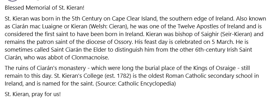 Happy Feast of St Kiernan