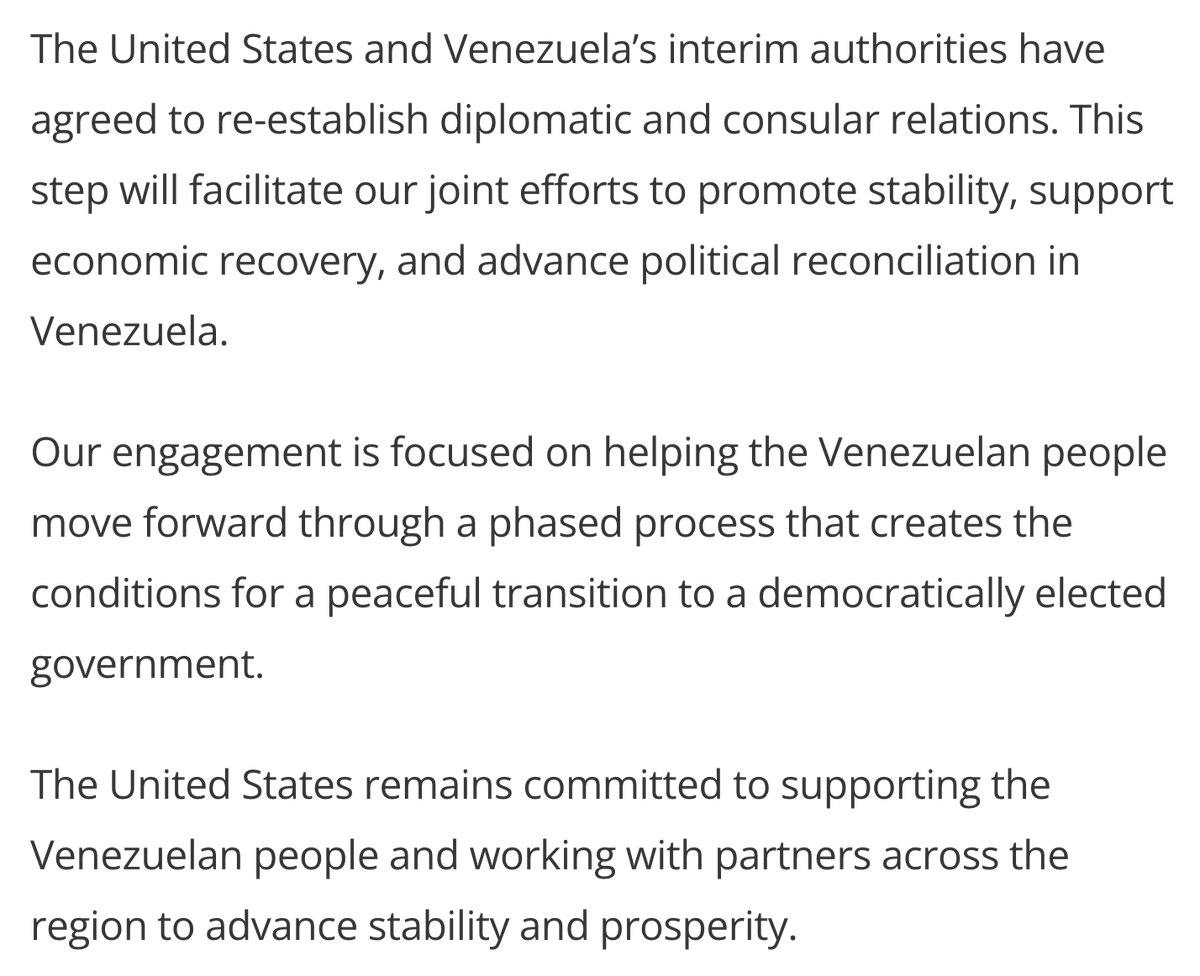 RapidResponse47's tweet photo. .@StateDept: "The United States and Venezuela's interim authorities have agreed to re-establish diplomatic and consular relations." https://t.co/vIX8Jo1eAH
