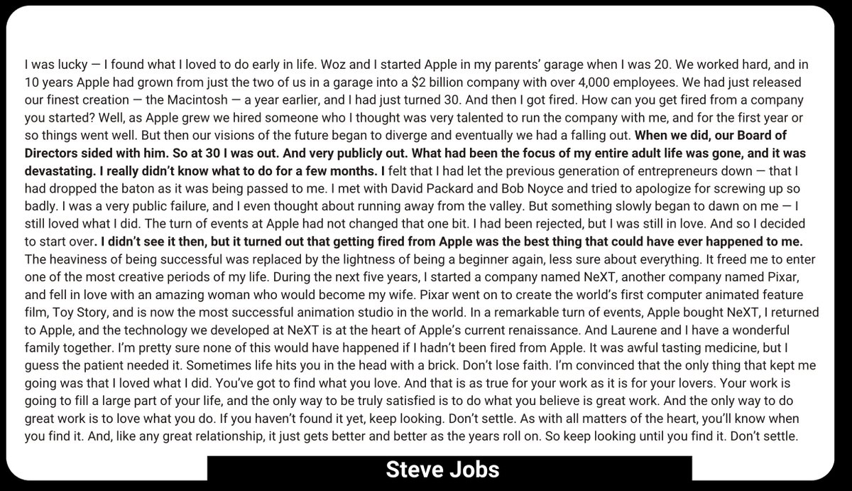TheTranscript_'s tweet photo. Steve Jobs: "I didn’t see it then, but it turned out that getting fired from Apple was the best thing that could have ever happened to me." https://t.co/Tgp8dGzKcP