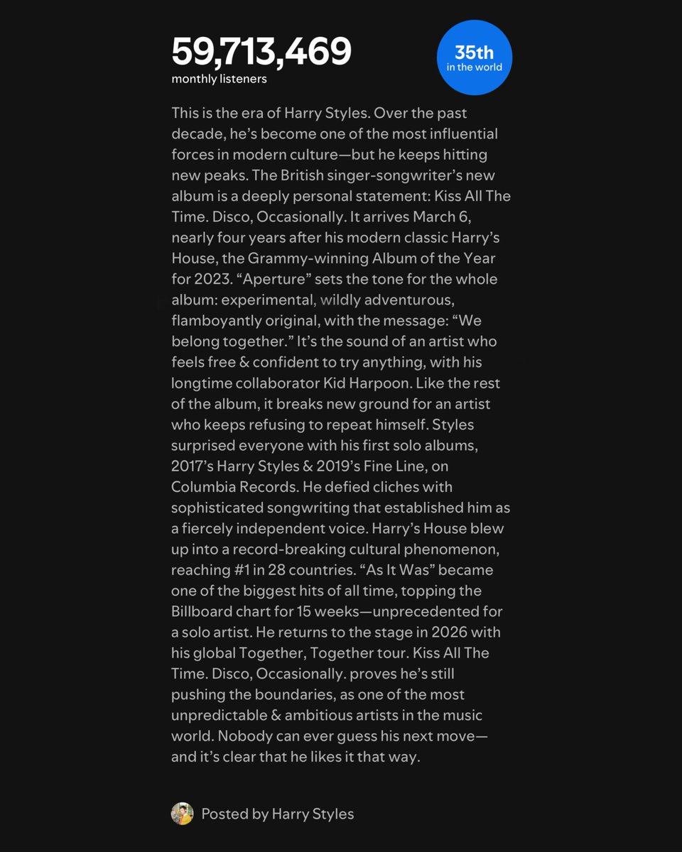 Harry has updated his Spotify bio.