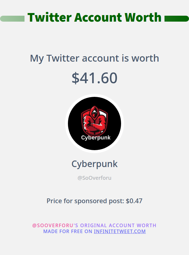 My Twitter worth is: $41.60

➡️ infinitetweet.me/account-worth