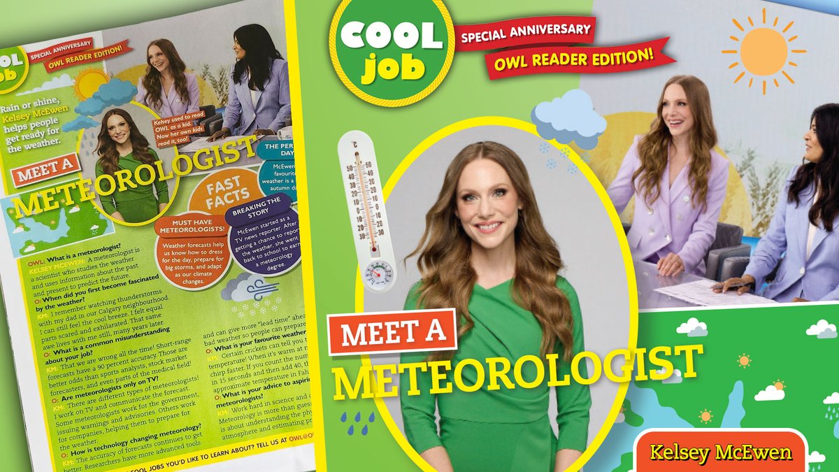 owlkids's tweet photo. OWL Cool Job Alert! #50thAnniversary #OWLReaderEdition 🦉
Check out the March/April 2026 issue interview, where we talk to Meteorologist @KelseyMcEwen about her awesome career journey! 🌦️
Fun fact: Kelsey's favorite weather is a sunny autumn day ☀️🍁
#CoolJobs #OWL https://t.co/J3GuNCIiCx