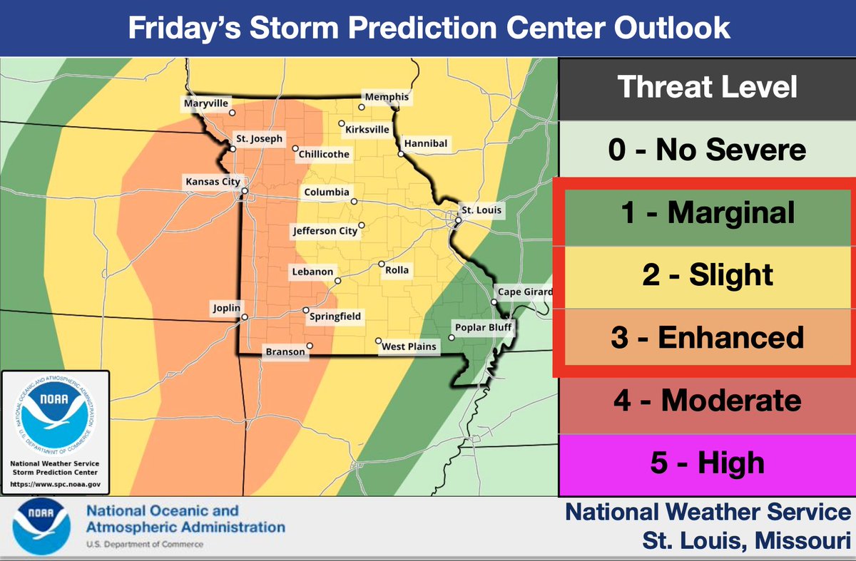 MoSEMA_'s tweet photo. And it appears we are closing out Severe Weather Preparedness Week with some significant storms in Missouri. The highest risk of severe weather will be in western portion of the state in the early evening hours on Friday. Damaging winds, large hail, and a few tornadoes are all potential threats. Localized flash flooding may also occur during the overnight hours in western MO. Pay attention to your local forecast and have multiple ways of getting alerts!