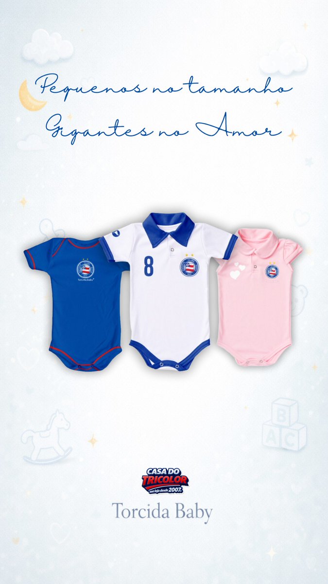 👶💙 A paixão começa desde cedo!
A Casa do Tricolor tem a linha mais bonita da Torcida Baby, feita para vestir os pequenos torcedores com muito estilo, conforto e amor pelo futebol.
São modelos encantadores para os primeiros momentos de quem já nasce com o coração azul, vermelho