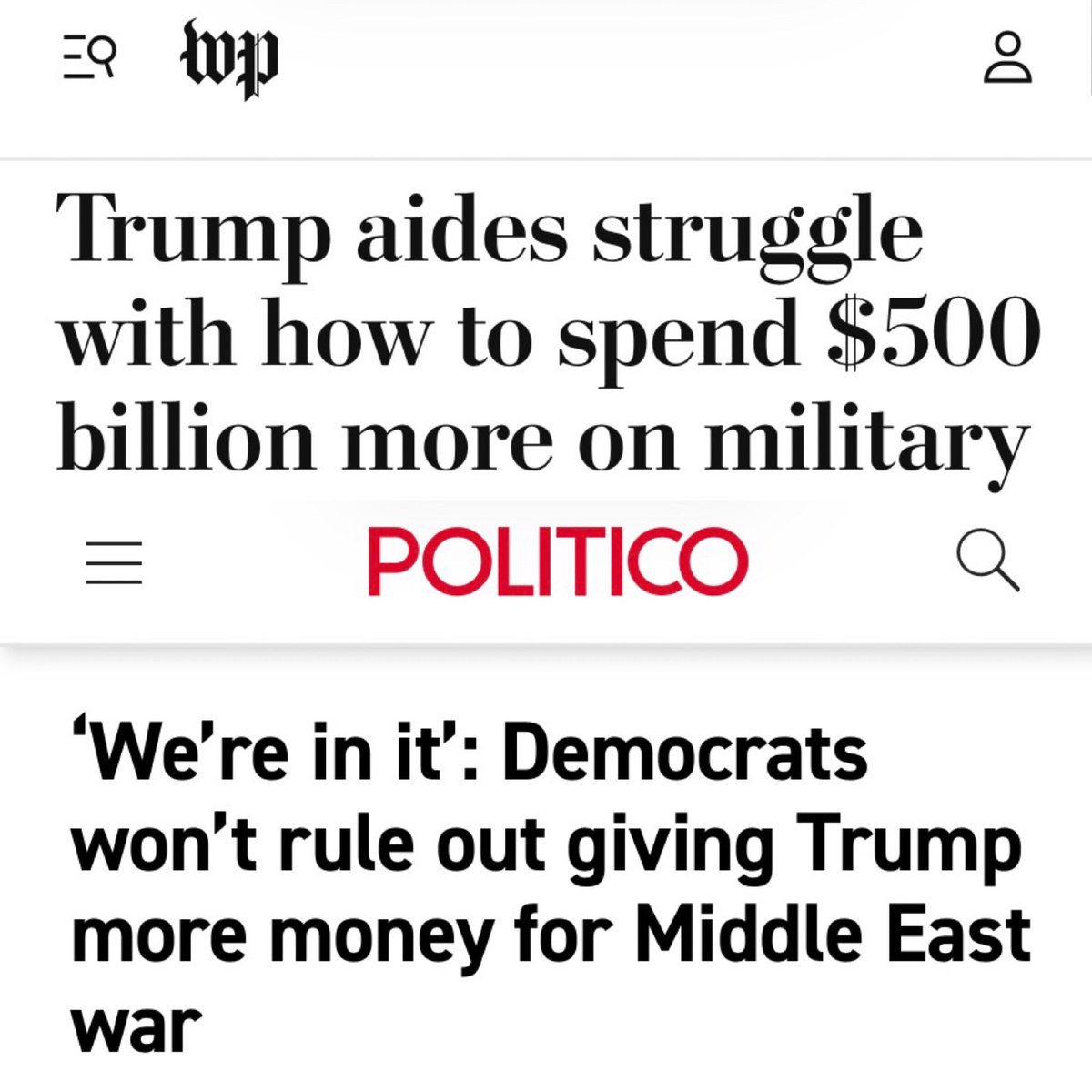 In late February, Trump aides had so much Pentagon money they couldn’t come up with plans to spend it. 

Less than two weeks later, Democrats are now considering supporting giving Trump’s Pentagon even more money.