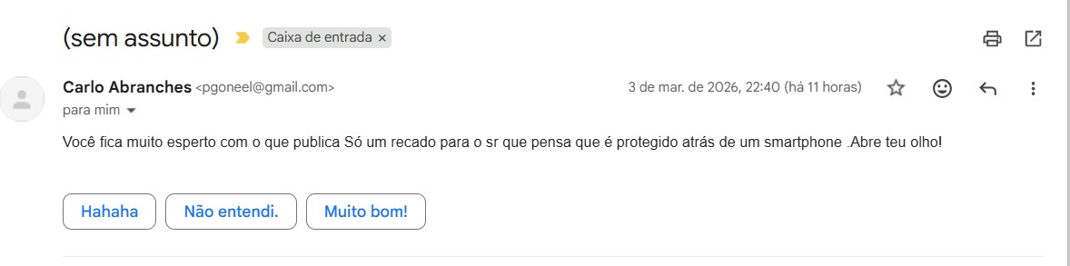 Eu recebi uma AMEAÇA por e-mail logo depois de fazer um post sobre Flávio Bolsonaro e Rodrigo Bacellar! Isso é muito GRAVE! Já fiz um R.O. na delegacia mas quero dar publicidade para que esse cidadão seja responsabilizado!

NÃO PODEMOS NATURALIZAR!
NÃO VAMOS RECUAR!