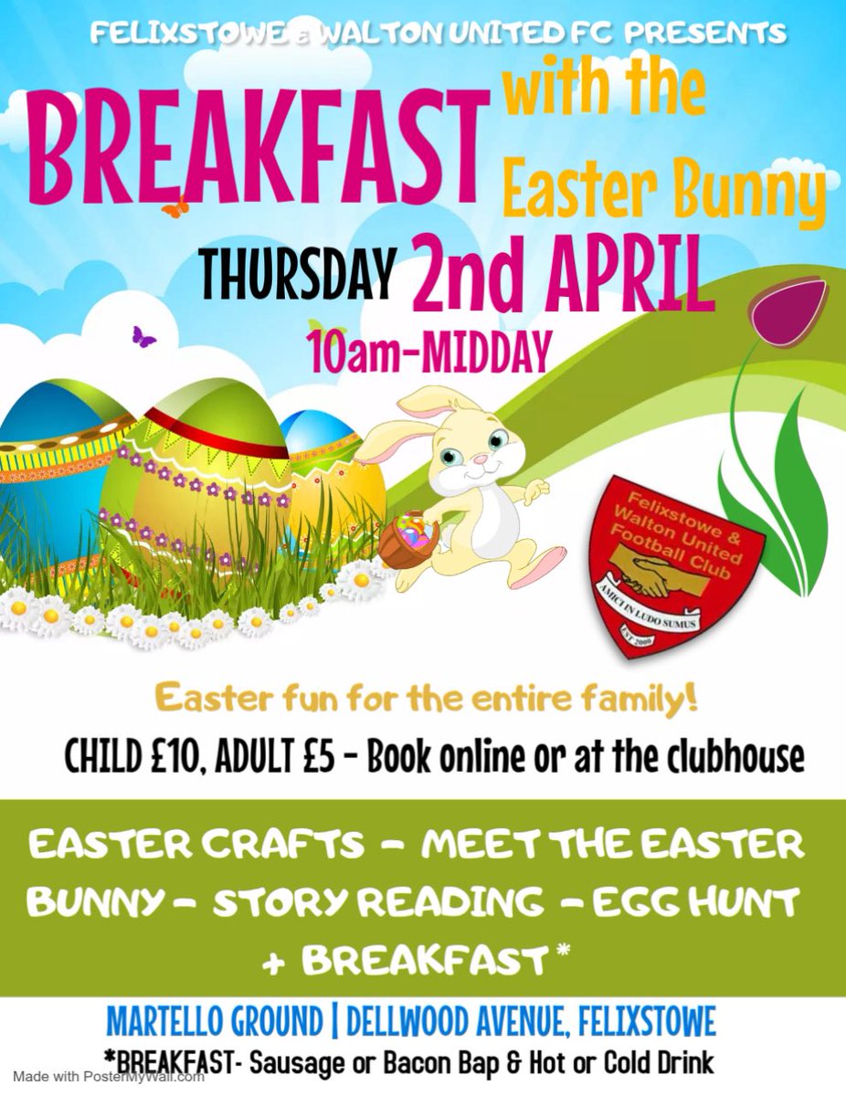 🐰 NEW EVENT! 🐰 
Breakfast with the Easter Bunny.
Thursday 2nd April 10am-Midday.
Easter fun &amp; games, egg hunt, meet the Easter Bunny, breakfast + more!

Child £10, Adult £5.
Spaces are limited and available to book now through the below online link or at the clubhouse during