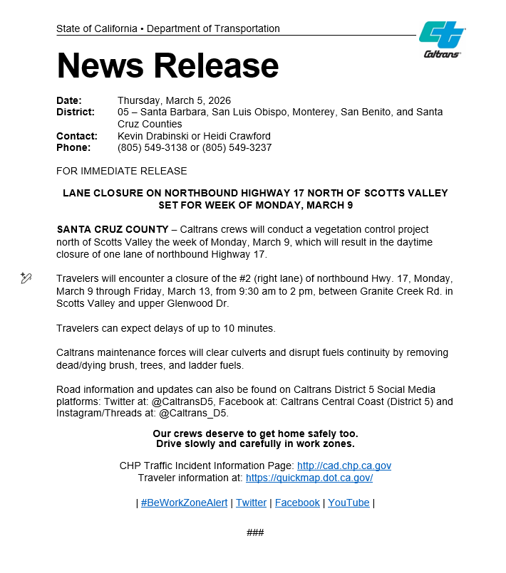 Caltrans Central Coast (District 5) tweet media