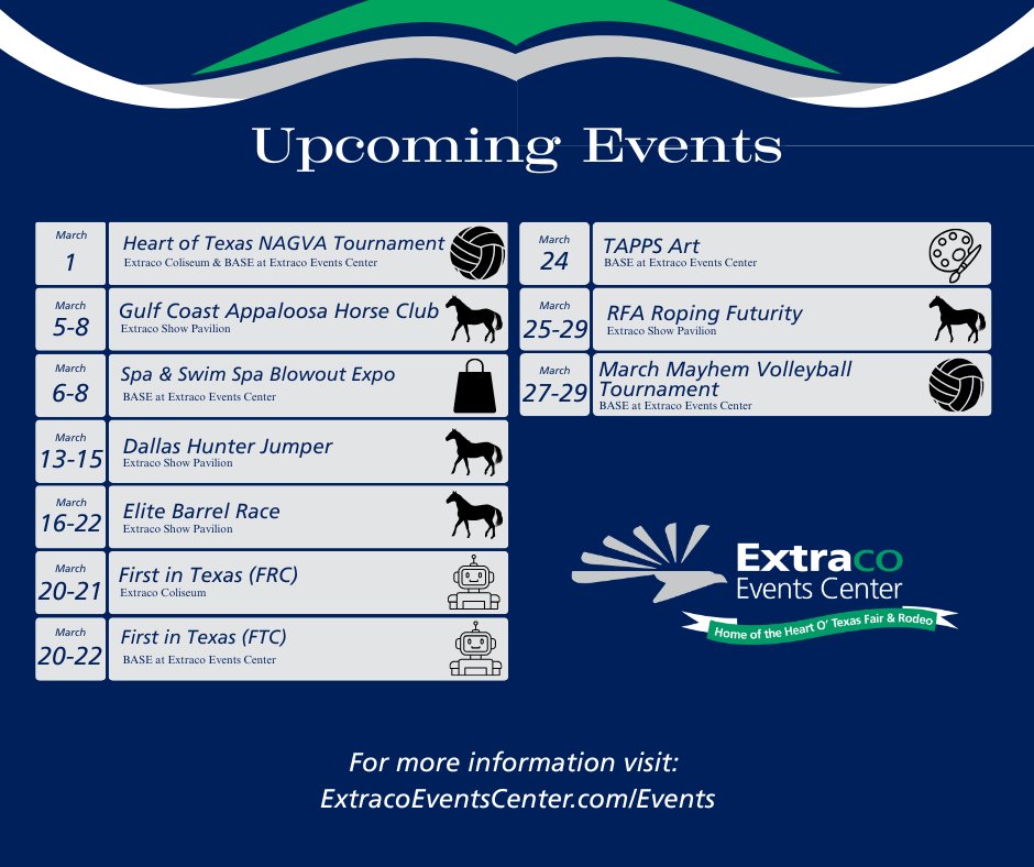 ExtracoEventsCe's tweet photo. 📷Check out the upcoming events at Extraco Events Center!
For a full list of all our Upcoming Events ---> https://t.co/YLOrYfFROC
#WacoTX #ExtracoEvents https://t.co/ZErhqrh391