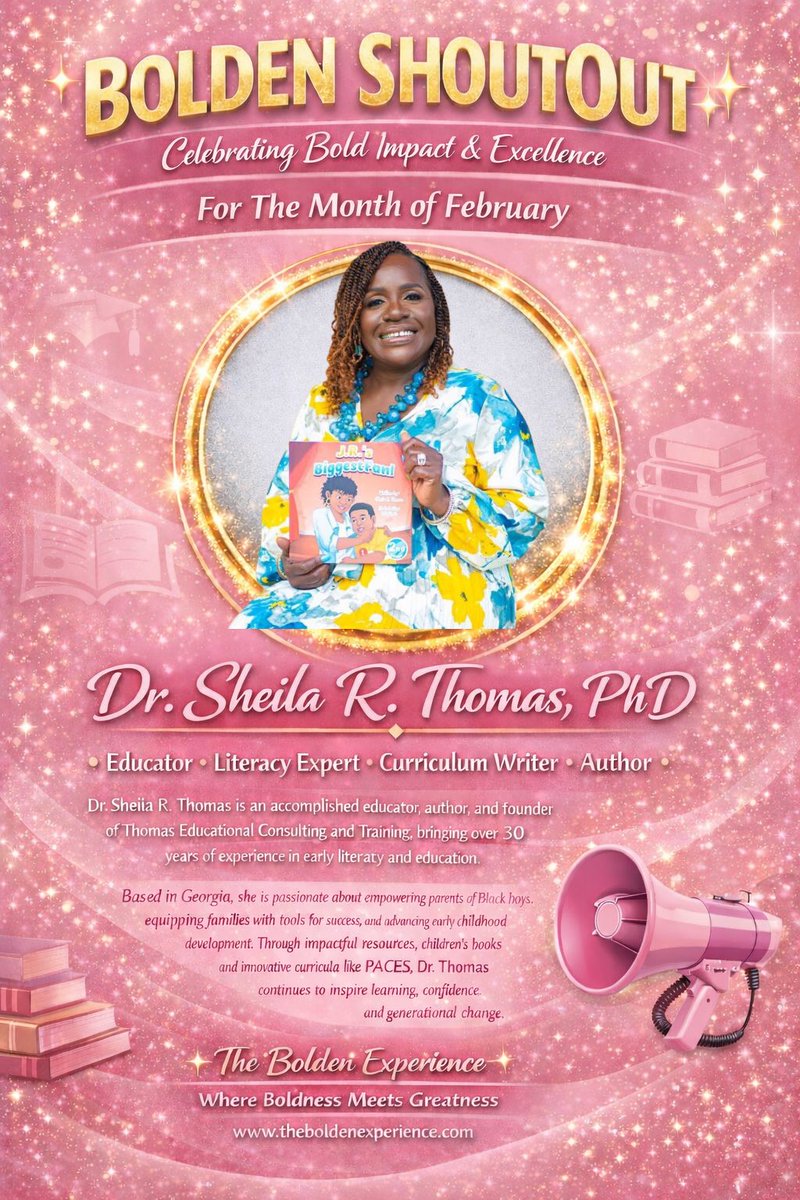 📣 BOLDEN SHOUTOUT – FEBRUARY

We proudly celebrate Dr. Sheila R. Thomas, PhD — educator, author, and founder of Thomas Educational Consulting and Training with 30+ years in early literacy and education.

💖 Dr. Sheila, we love and appreciate your boldness!

#BoldenShoutout