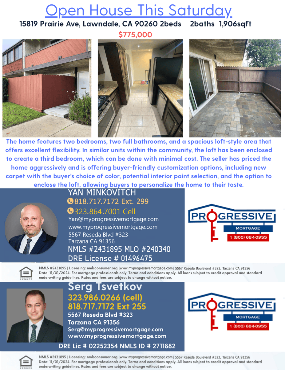 Open House March 7 • 10am–4pm
15819 Prairie Ave, Lawndale

2 bed • 2 bath • 1,906 sqft
$775,000

Large loft can be enclosed to create a 3rd bedroom. Seller offering carpet &amp; customization options. Spacious 3-level townhome with 2-car garage.

Details: zurl.co/YyIBd