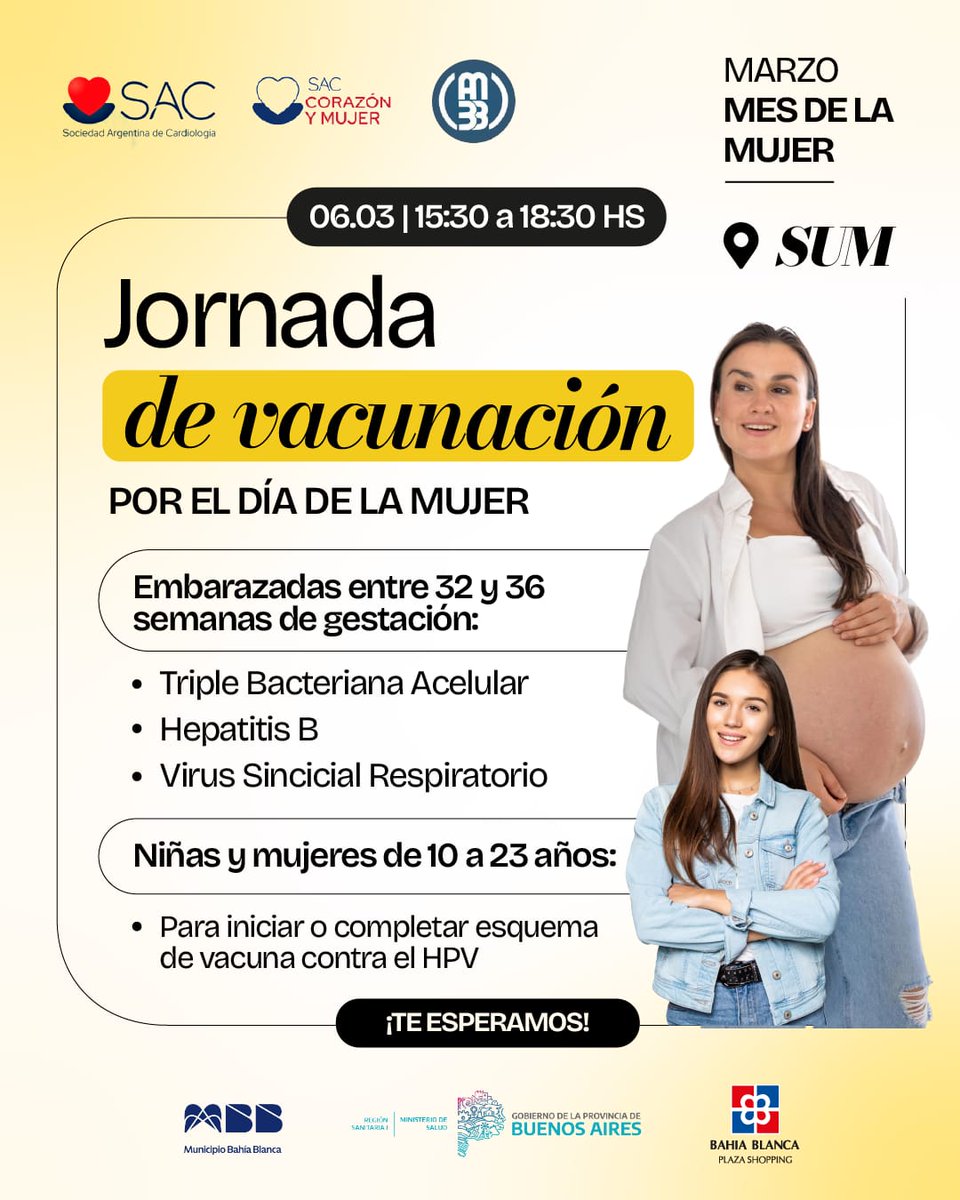 LA VACUNACIÓN ES UN ACTO SOLIDARIO

En articulación con la Sociedad Argentina de Cardiología, realizaremos una jornada gratuita de vacunación para embarazadas, niñas y mujeres en el Bahía Blanza Plaza Shopping. ¡Te esperamos!

#diadelamujer #vacunacion