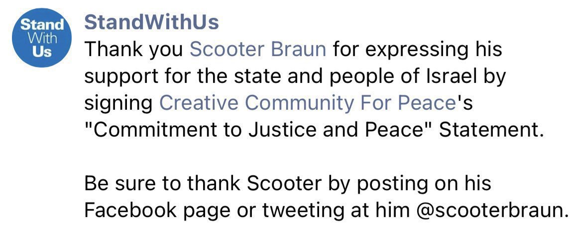 ARMY4Palestine's tweet photo. The Creative Community for Peace (CCP) is a hasbara organization that galvanizes support for the genocidal state by spreading propaganda through the entertainment industry and artwashing genocide and apartheid. Scooter Braun is an “honorary member” of the CCP. As stated in our boycott guide, this is one of the reasons why we encourage everyone to commit to our indefinite Hybe boycott until Scooter is completely removed from Hybe. While we see Scooter stepping down as CEO of HYBE America last year as a step in the right direction, he still remains immensely influential at the company and in the entertainment industry as senior advisor and director of the board of Hybe. That’s why we remain resolute in our demand to 𝙘𝙤𝙢𝙥𝙡𝙚𝙩𝙚𝙡𝙮 remove Braun from HYBE as senior advisor and director of the board and encourage everyone to commit to this boycott. 
#하이브는시오니스트를퇴출하라 #HYBEDivestFromZionism