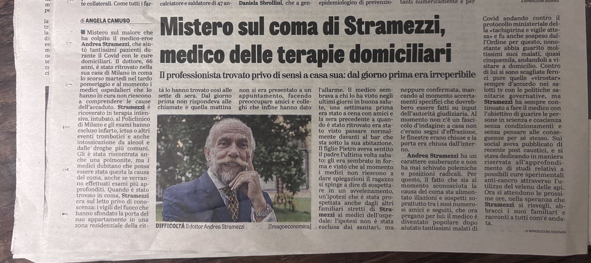 Il figlio Pietro di <a href="/AStramezzi/">Andrea M. G. G. Stramezzi MD PhD DDS</a> ha sporto denuncia per sospetto avvelenamento del padre, che resta in coma. I medici del policlinico di Milano, dove il dott. Andrea Stramezzi e’ ricoverato, non trovano origine del malore. Con denuncia si  cercherà veleno, per eventuale antidoto