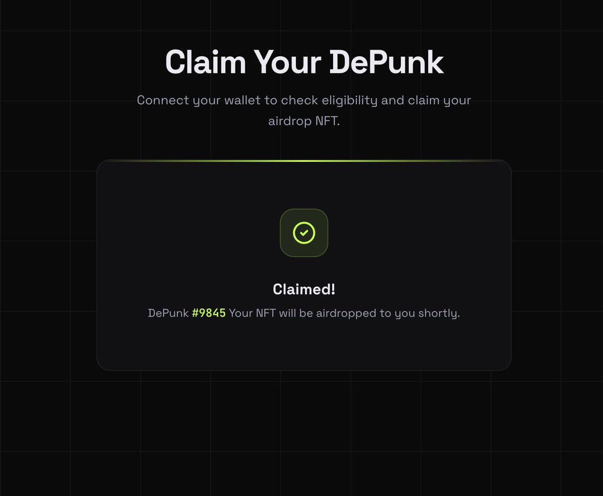 Claim, Reveal, and Mint attributes of <a href="/depunksClub/">DePunks</a> 

We want to give everyone who participated in the Giveaway and waited for the public mint to get at least one DePunk.

On our webpage you can see if you are eligible to get the DePunk airdrop.

294 wallets that were in the