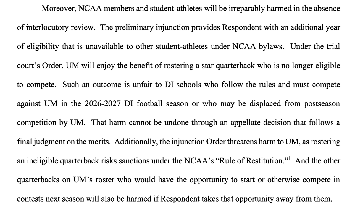 PeteThamel's tweet photo. This is the heart of the NCAA filing today. They claim NCAA members and athletes "will be irreparably harmed." https://t.co/GrrxUg0Pe5